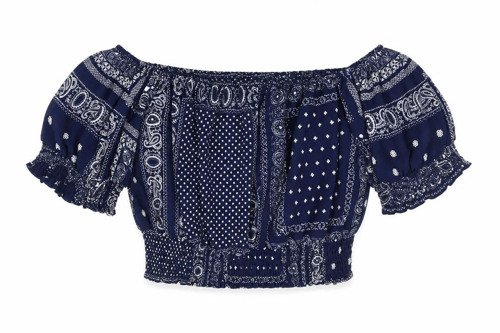 Glamorous Womens Blue Paisley Polyester Cropped Blouse Size S Off the Shoulder - Rouched