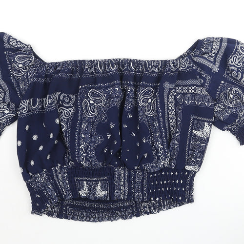Glamorous Womens Blue Paisley Polyester Cropped Blouse Size S Off the Shoulder - Rouched