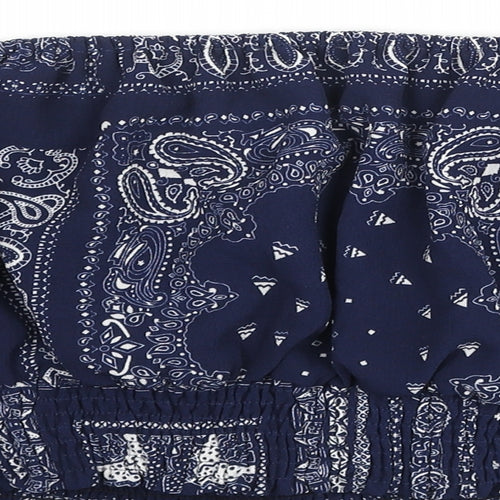 Glamorous Womens Blue Paisley Polyester Cropped Blouse Size S Off the Shoulder - Rouched