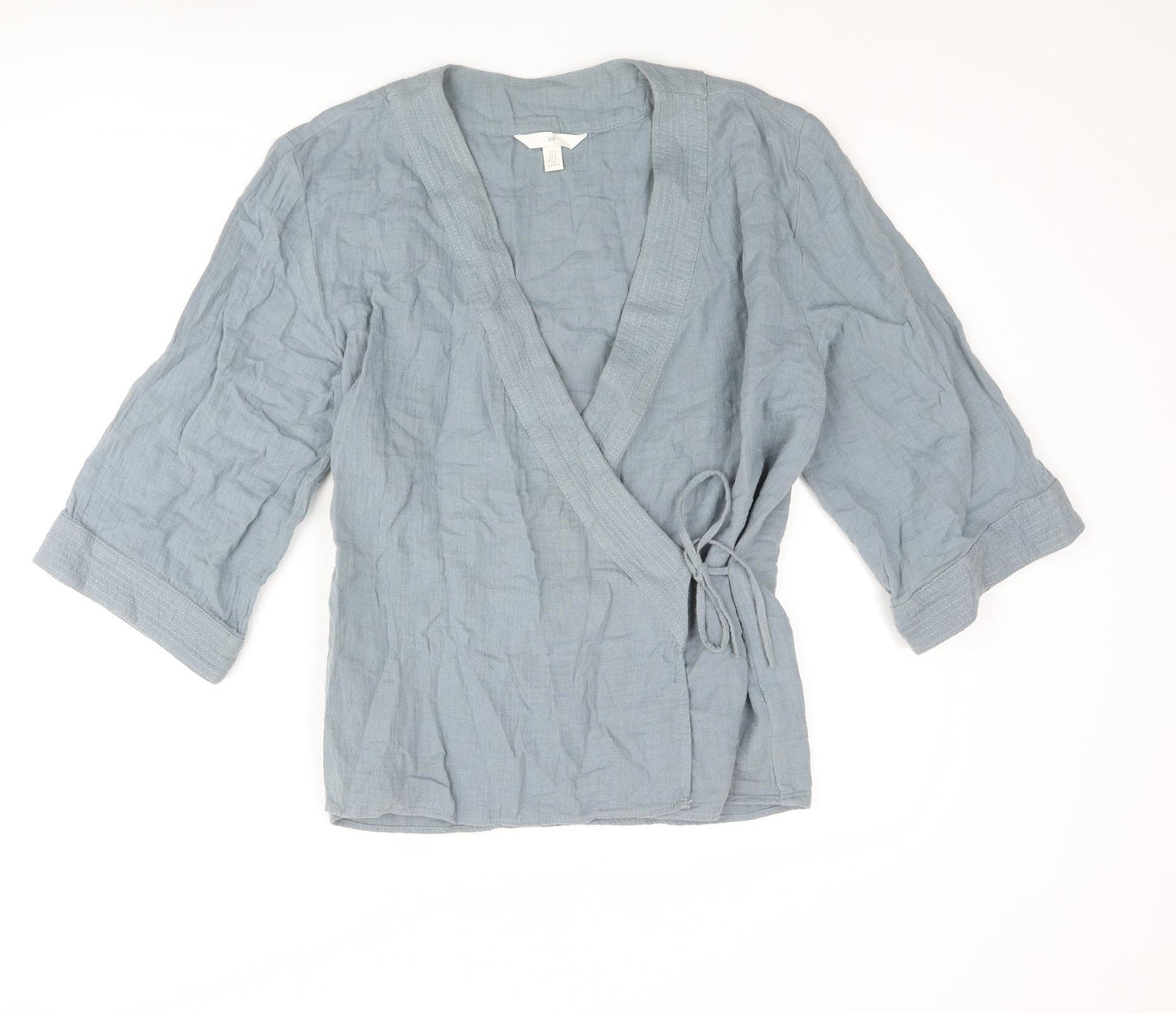 H&M Womens Blue Cotton Kimono Blouse Size S V-Neck
