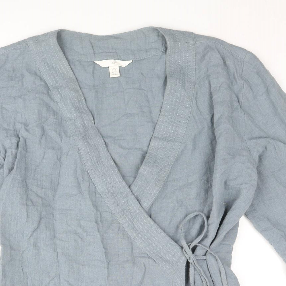 H&M Womens Blue Cotton Kimono Blouse Size S V-Neck