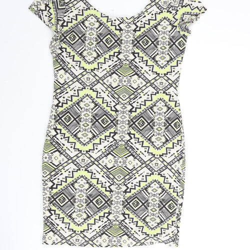 New Look Womens Multicoloured Geometric Cotton Bodycon Size 14 Scoop Neck Pullover