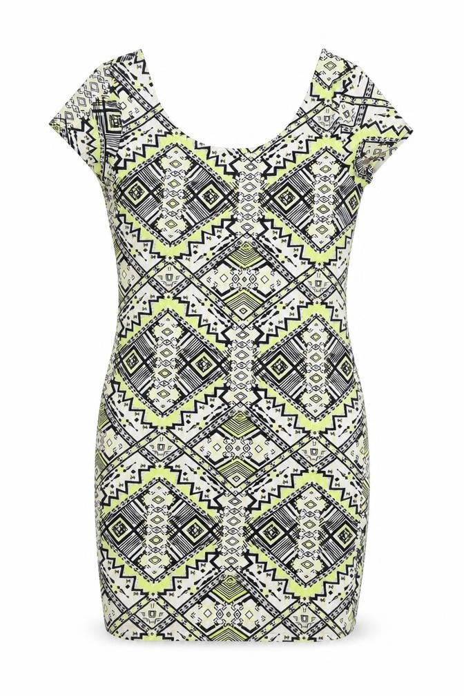 Front view of New Look women’s multicoloured geometric cotton bodycon, size UK 14, scoop neck pullover