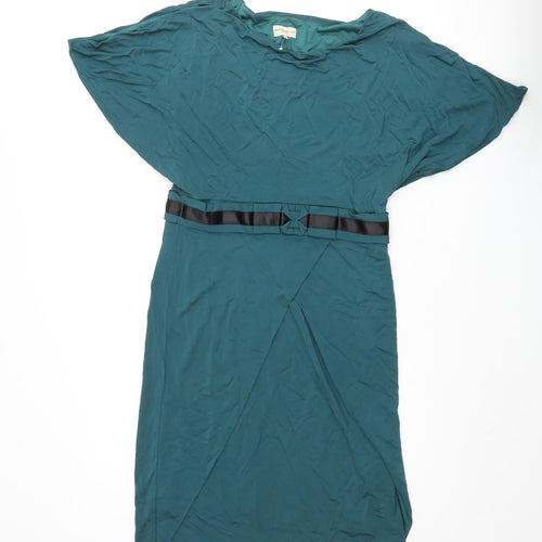 Karen Millen Womens Green Viscose Pencil Dress Size 14 Round Neck Zip - Batwing Belted