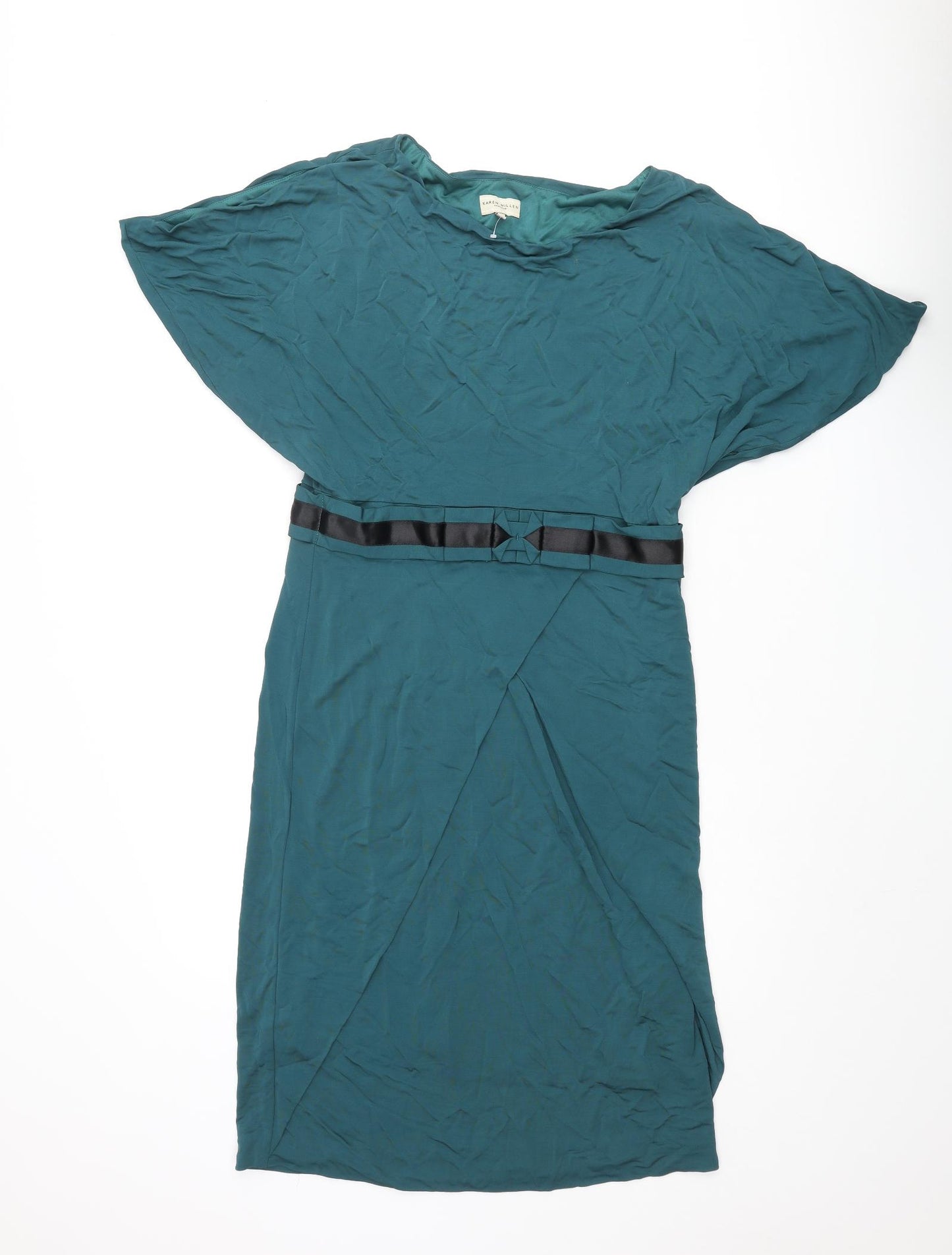 Karen Millen Womens Green Viscose Pencil Dress Size 14 Round Neck Zip - Batwing Belted