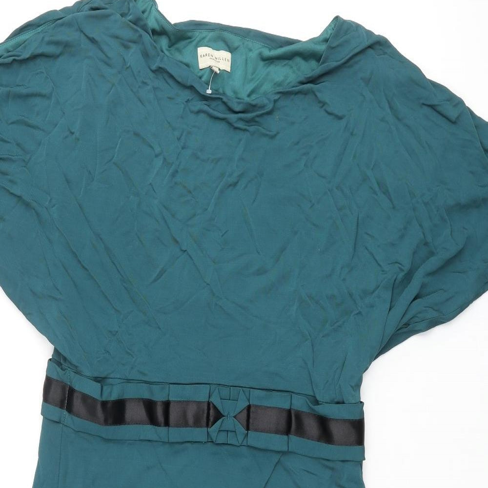 Karen Millen Womens Green Viscose Pencil Dress Size 14 Round Neck Zip - Batwing Belted