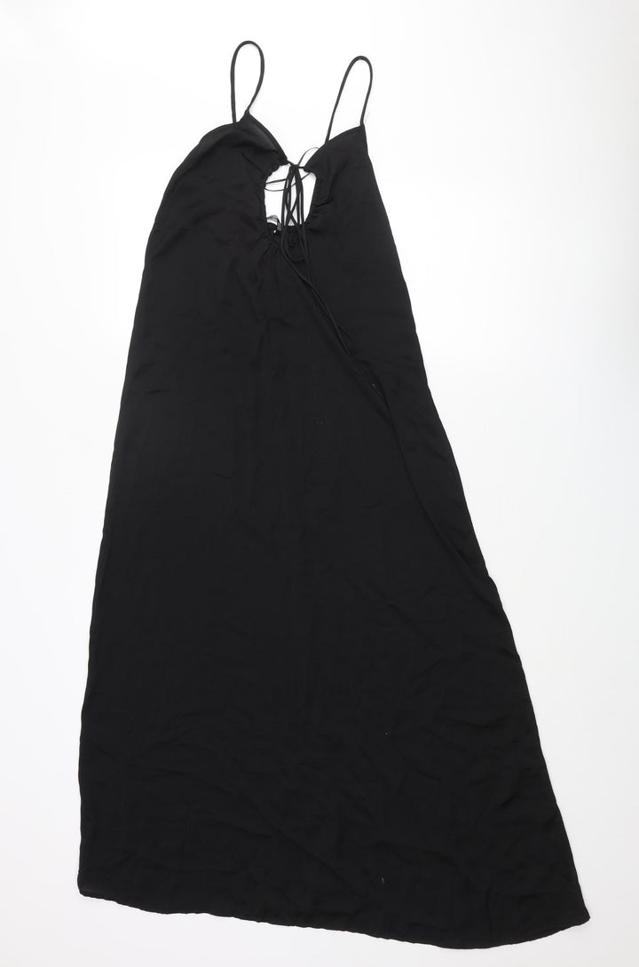 Stradivarius Womens Black Polyester Slip Dress Size XS Sweetheart Tie - Keyhole Drawstring Front