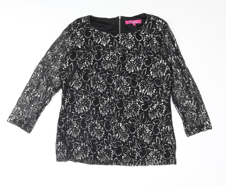 Changes By Together Womens Black Polyester Basic Blouse Size 12 Round Neck