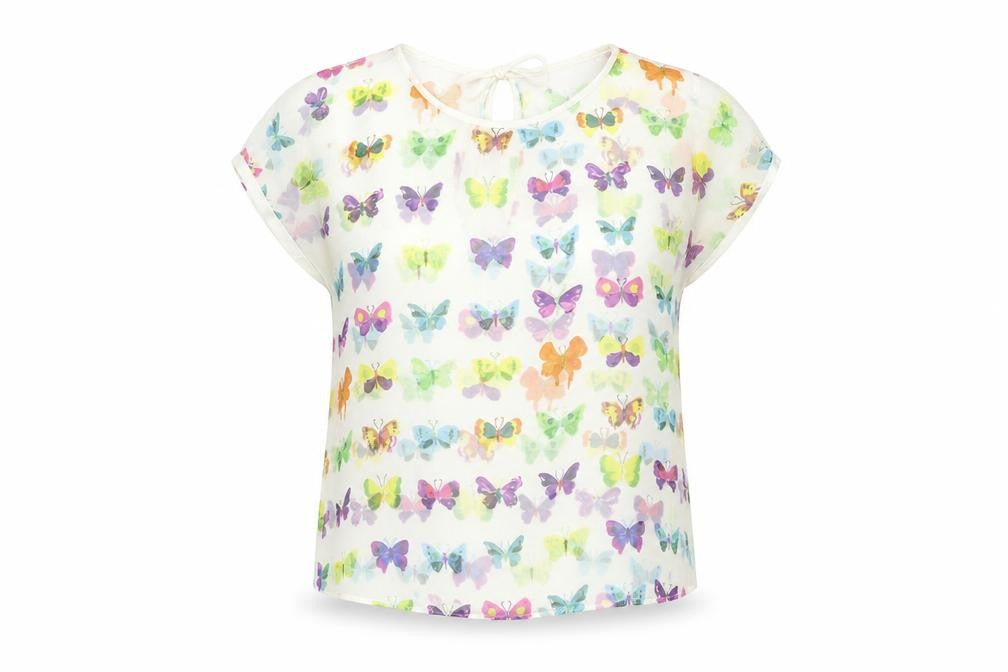 Front view of Zara women’s multicoloured geometric polyester basic blouse, size M, round neck - butterfly print