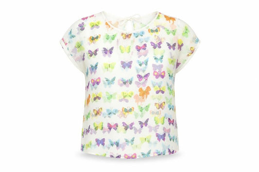 Front view of Zara women’s multicoloured geometric polyester basic blouse, size M, round neck - butterfly print