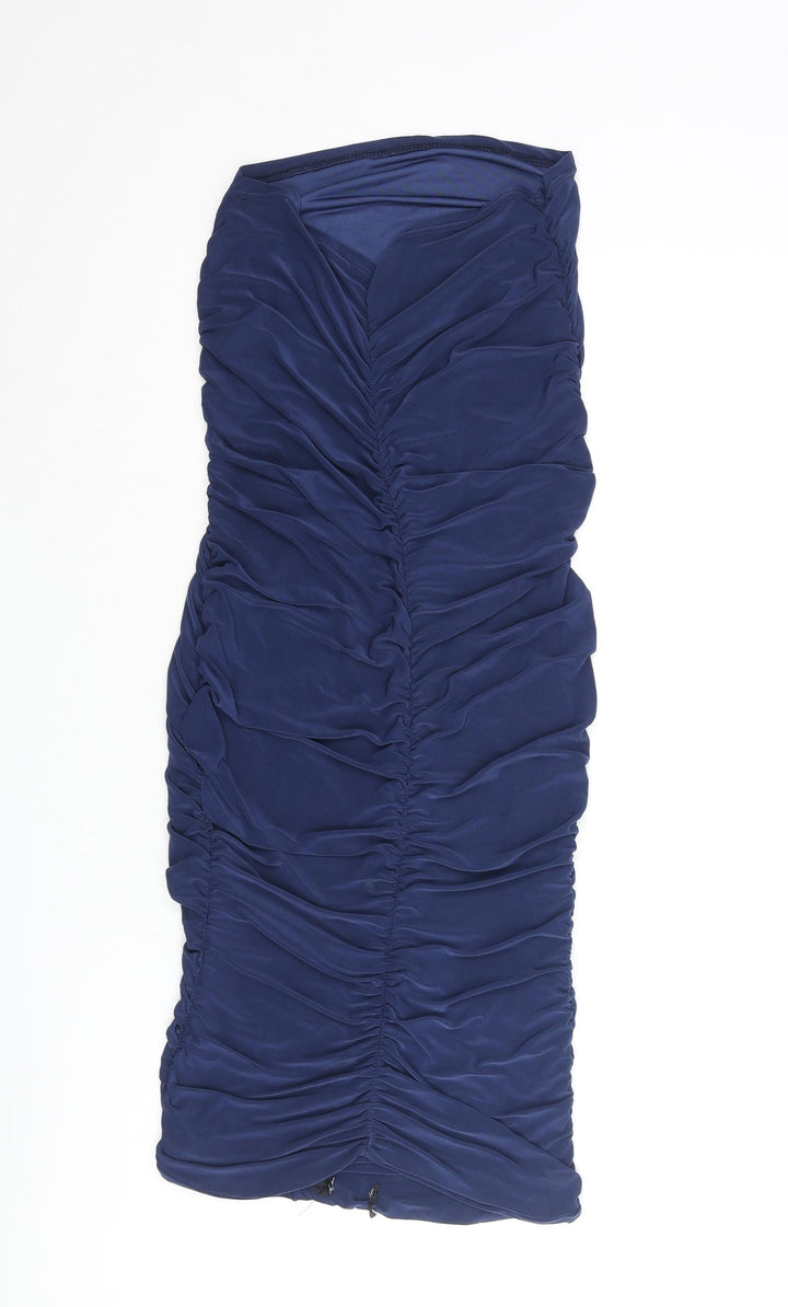 PRETTYLITTLETHING Womens Blue Polyester Bodycon Size 10 Sweetheart Pullover - Rouched