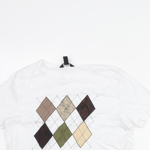 New Look Womens White Cotton Basic T-Shirt Size 12 Round Neck - Diamond Print