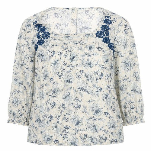M&Co Womens Beige Geometric Cotton Basic Blouse Size 12 Scoop Neck - Embroidered Detail