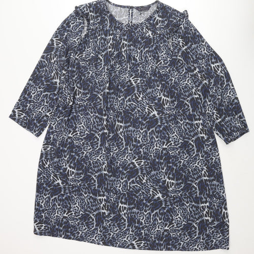 Marks and Spencer Womens Blue Animal Print Polyester Shift Size 18 Round Neck Button - Pleated Front Frill Leopard Print