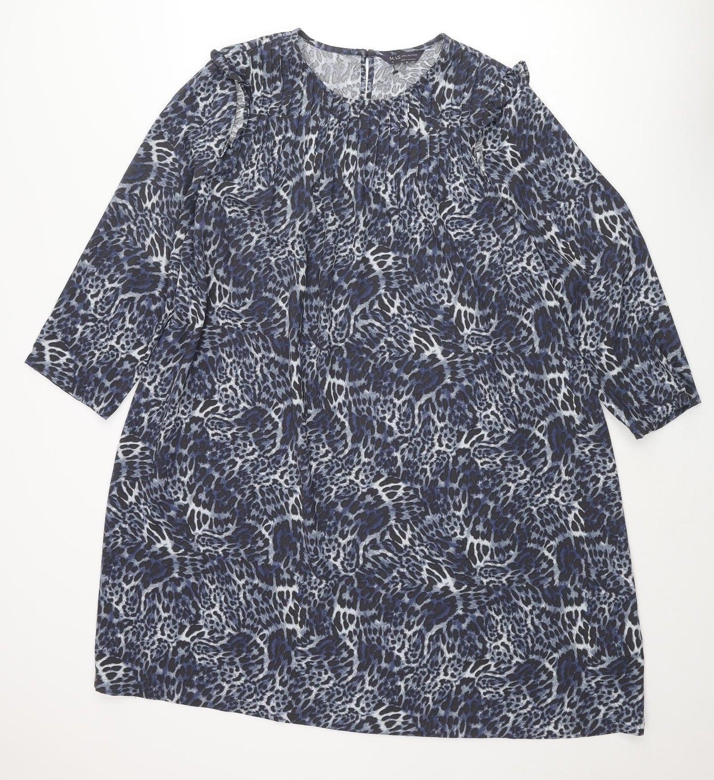 Marks and Spencer Womens Blue Animal Print Polyester Shift Size 18 Round Neck Button - Pleated Front Frill Leopard Print