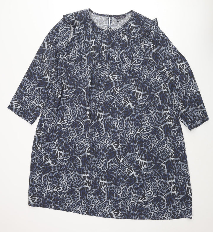Marks and Spencer Womens Blue Animal Print Polyester Shift Size 18 Round Neck Button - Pleated Front Frill Leopard Print