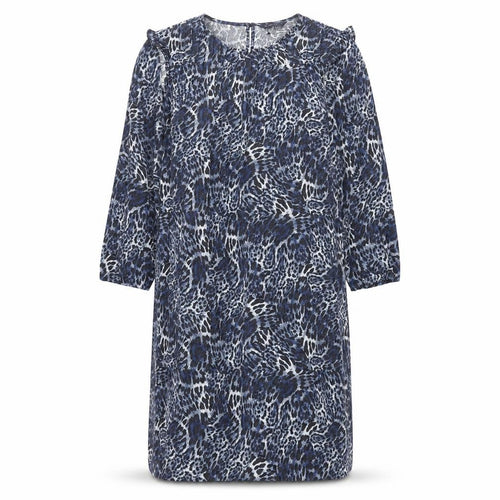 Marks and Spencer Womens Blue Animal Print Polyester Shift Size 18 Round Neck Button - Pleated Front Frill Leopard Print