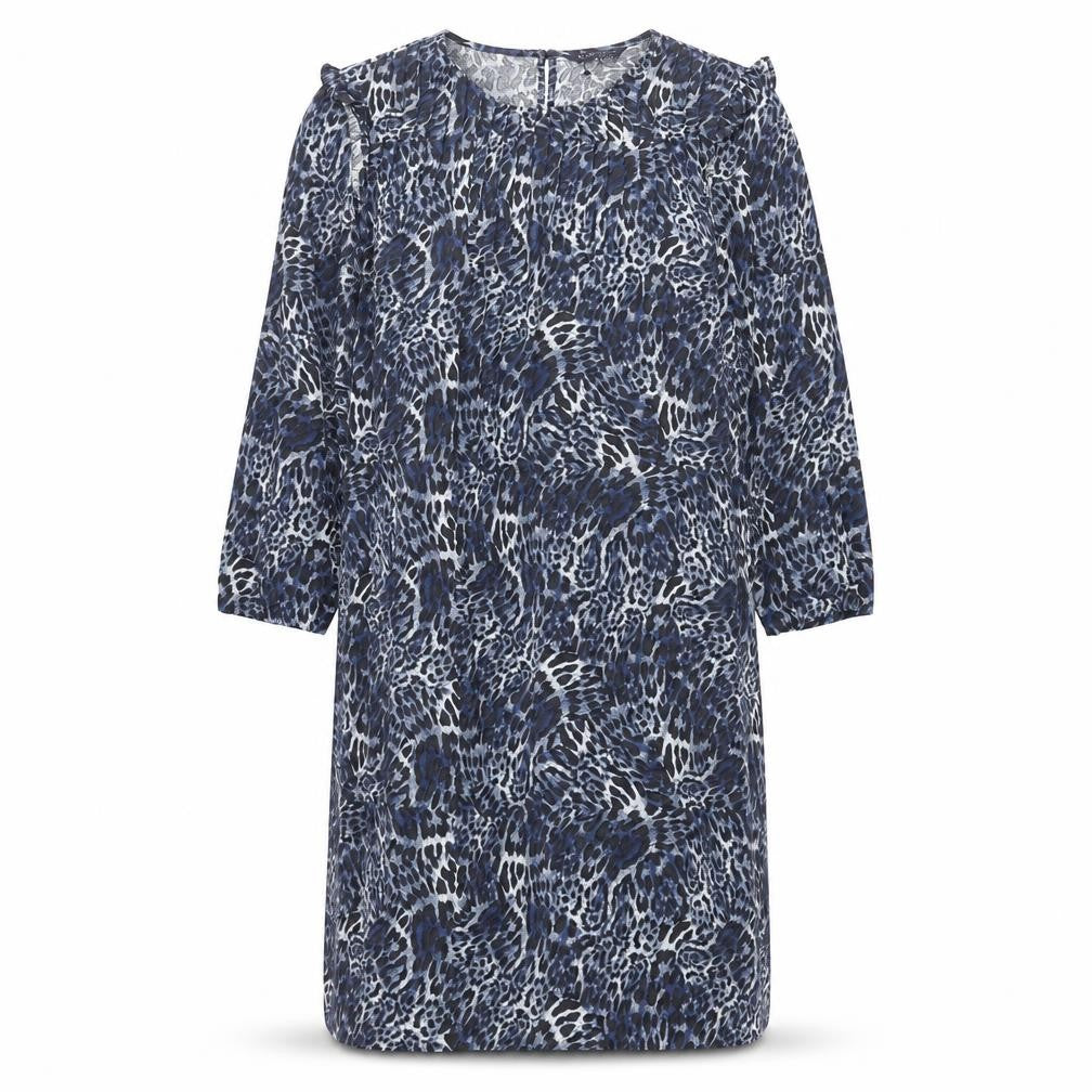 Marks and Spencer Womens Blue Animal Print Polyester Shift Size 18 Round Neck Button - Pleated Front Frill Leopard Print