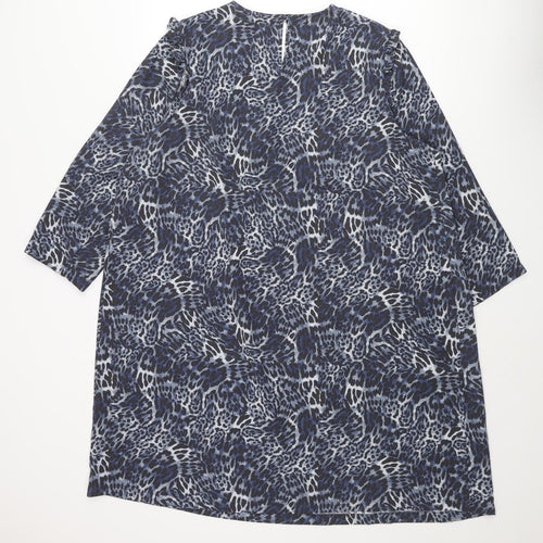 Marks and Spencer Womens Blue Animal Print Polyester Shift Size 18 Round Neck Button - Pleated Front Frill Leopard Print