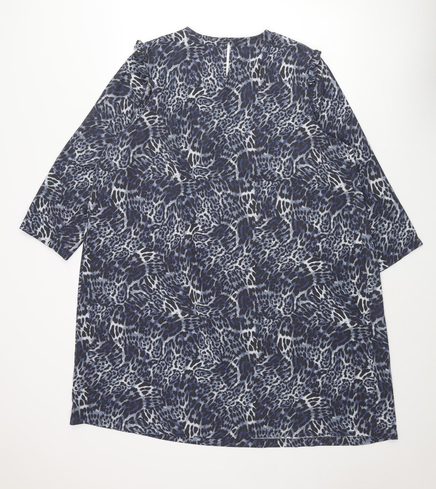 Marks and Spencer Womens Blue Animal Print Polyester Shift Size 18 Round Neck Button - Pleated Front Frill Leopard Print