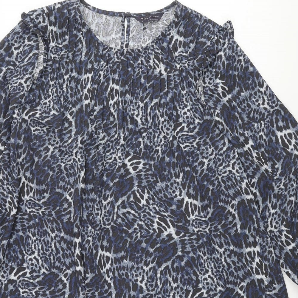 Marks and Spencer Womens Blue Animal Print Polyester Shift Size 18 Round Neck Button - Pleated Front Frill Leopard Print