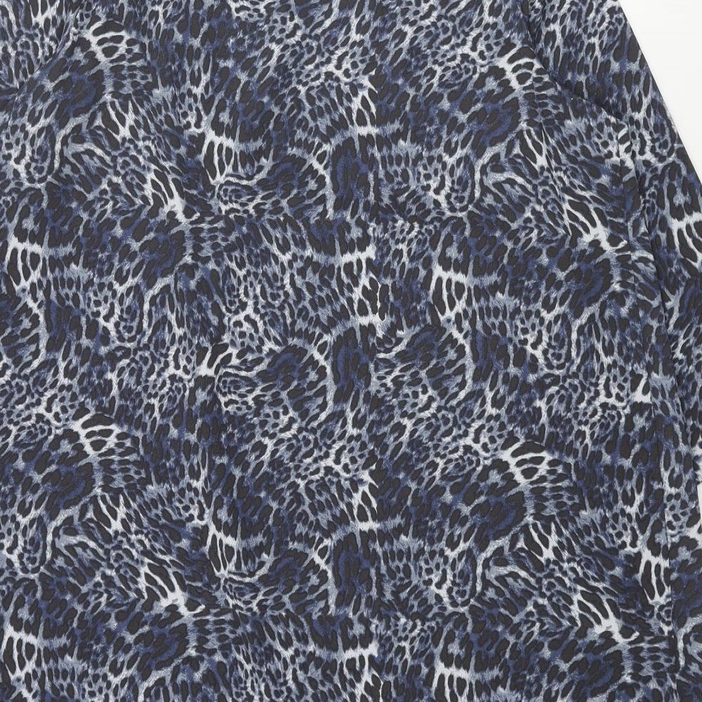 Marks and Spencer Womens Blue Animal Print Polyester Shift Size 18 Round Neck Button - Pleated Front Frill Leopard Print