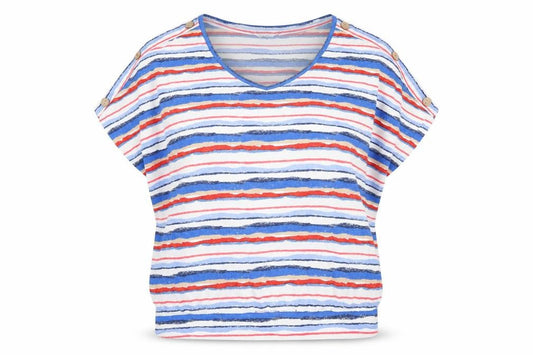 Front view of EWM women’s multicoloured striped polyester basic blouse, size UK 18, v-neck - button detail, size UK 18-20