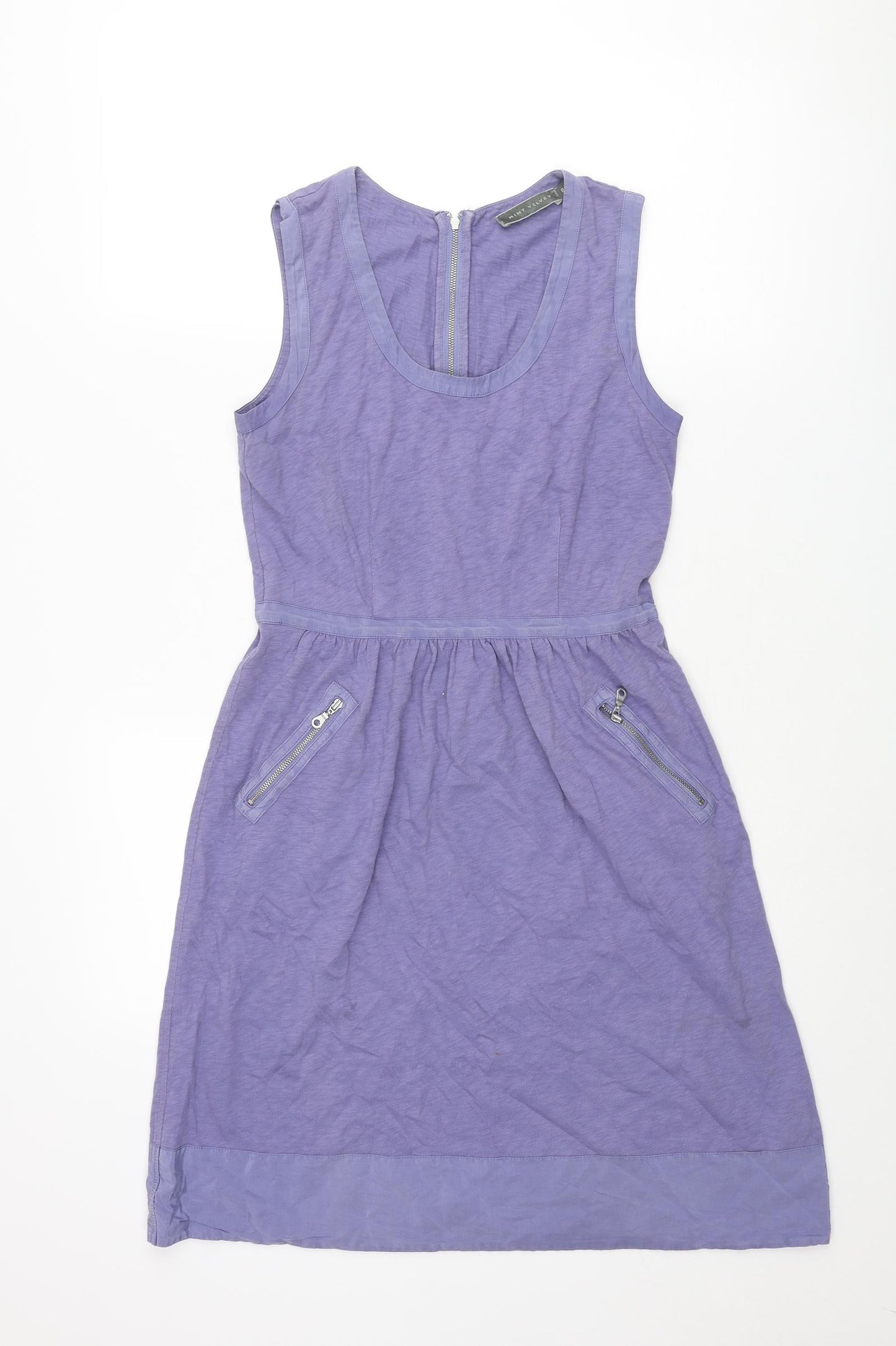 Mint Velvet Womens Purple Cotton Shift Size 8 Scoop Neck Zip - Zip Pockets