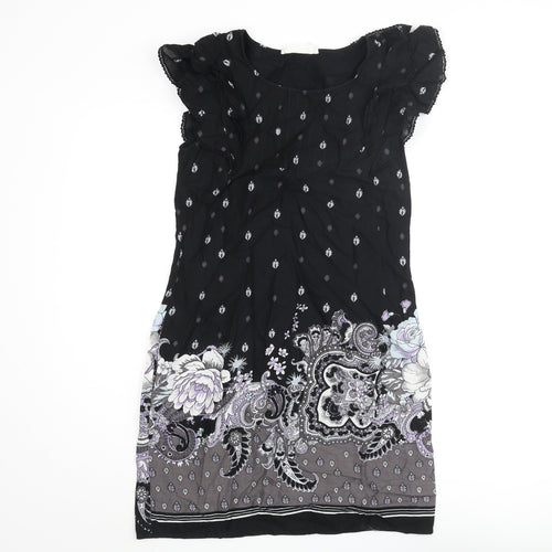 Oasis Womens Black Geometric Cotton Shift Size 10 Round Neck Pullover - Floral Paisley Print Frill