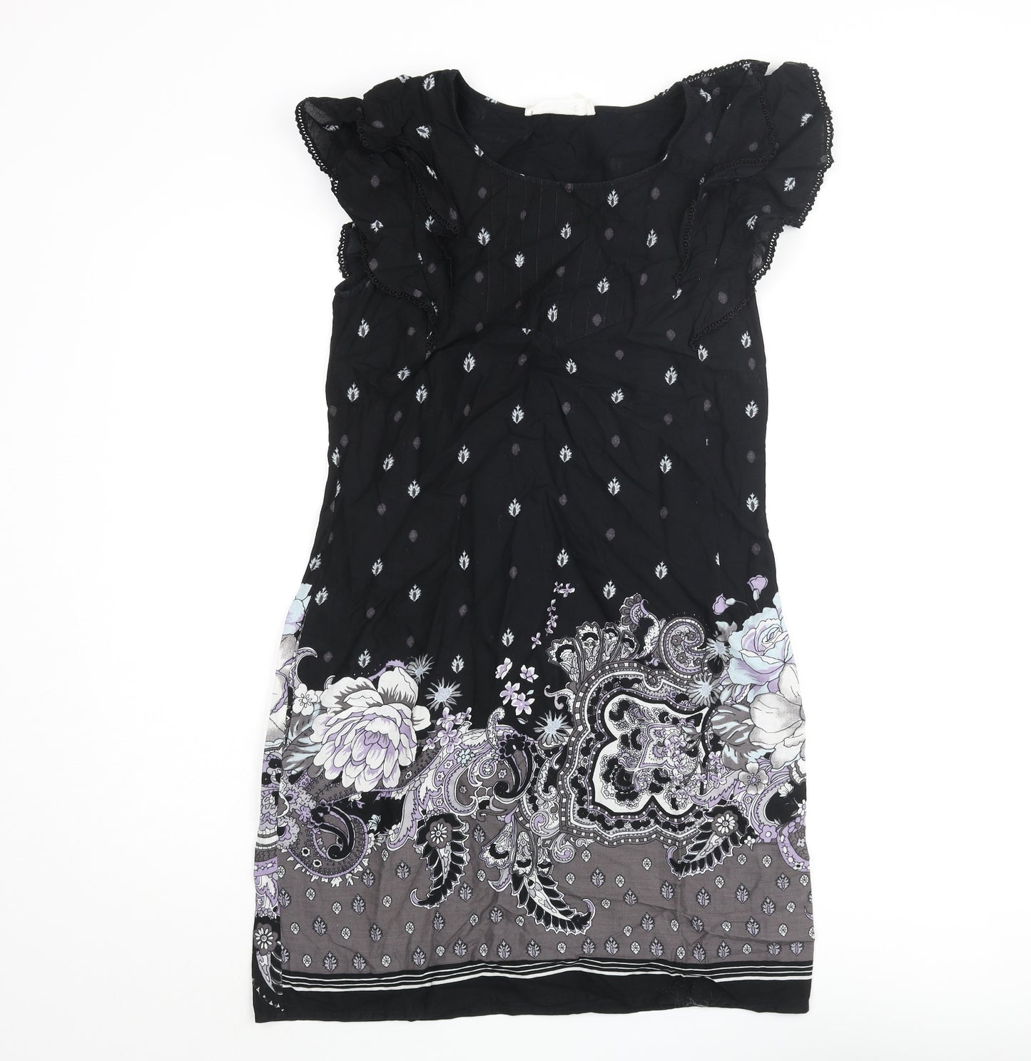 Oasis Womens Black Geometric Cotton Shift Size 10 Round Neck Pullover - Floral Paisley Print Frill