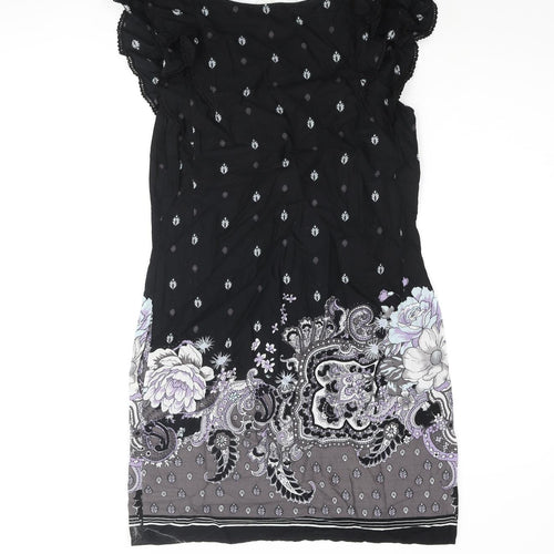 Oasis Womens Black Geometric Cotton Shift Size 10 Round Neck Pullover - Floral Paisley Print Frill