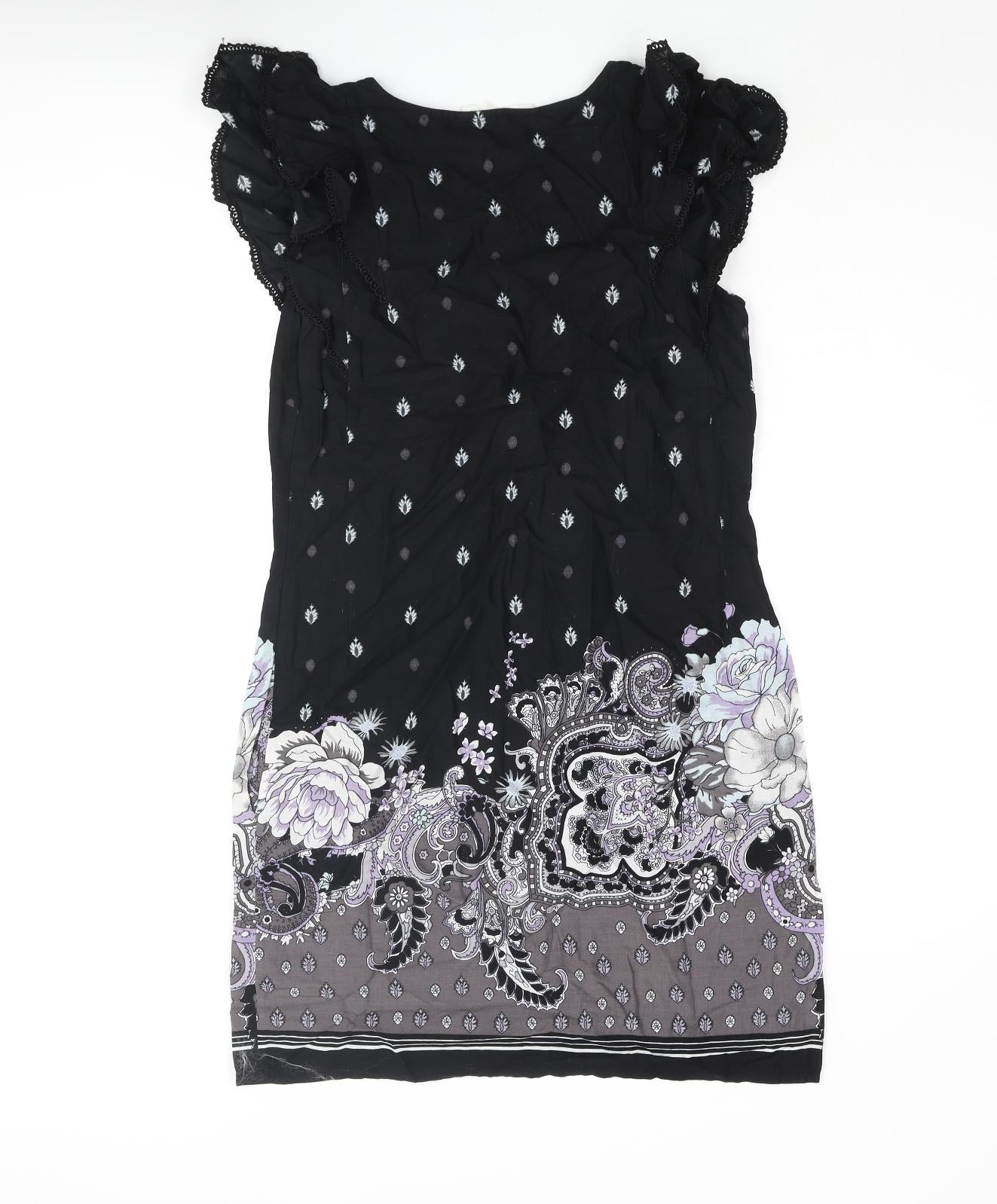 Oasis Womens Black Geometric Cotton Shift Size 10 Round Neck Pullover - Floral Paisley Print Frill