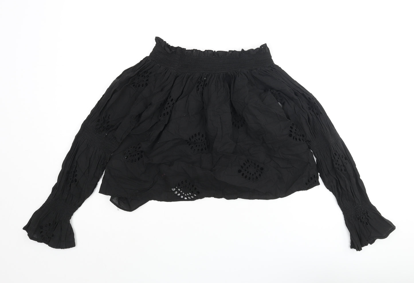 Zara Womens Black Cotton Basic Blouse Size S Round Neck - Frill Lace