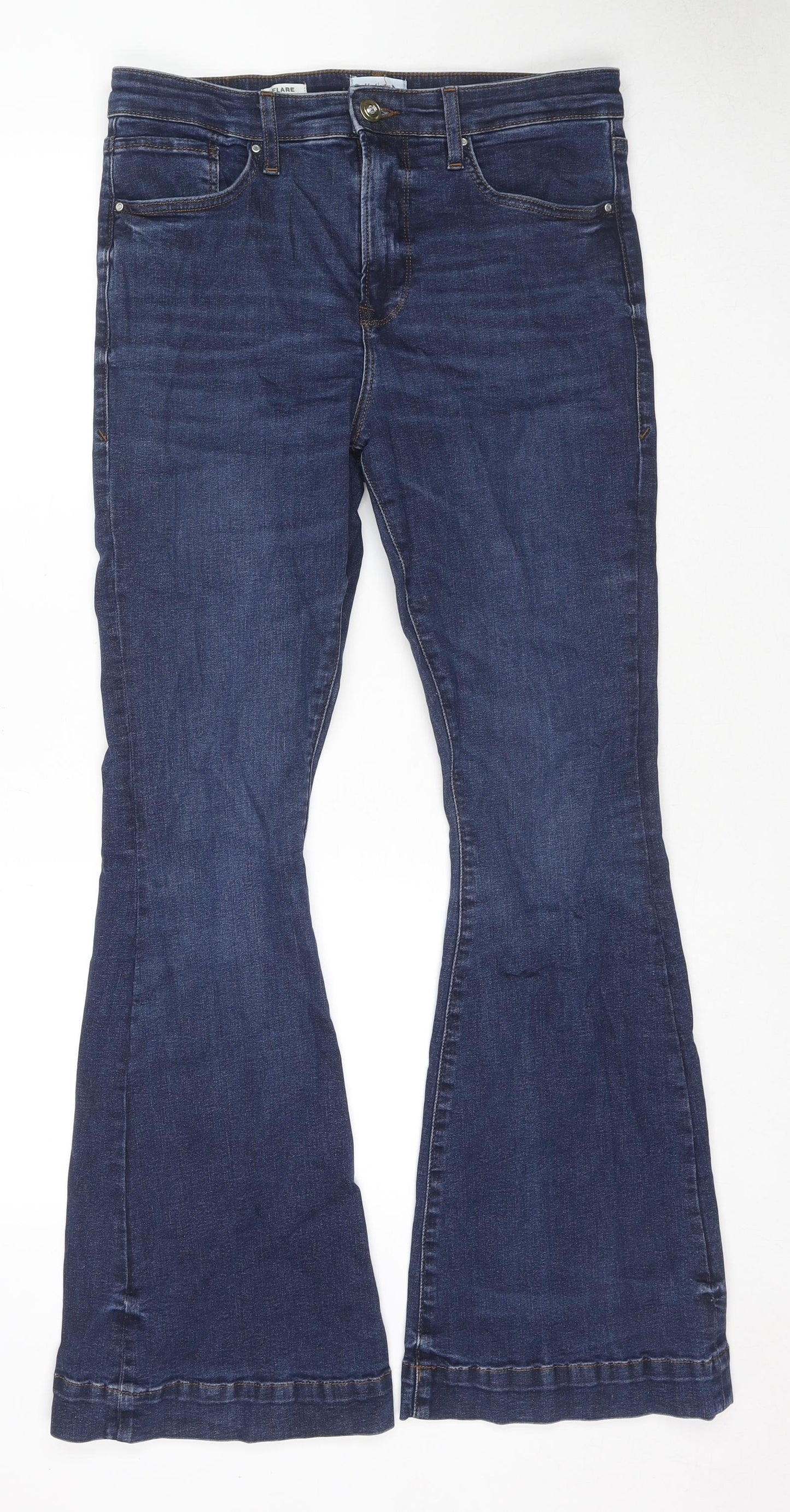 River Island Womens Blue Cotton Flared Jeans Size 12 L32 in Regular Zip