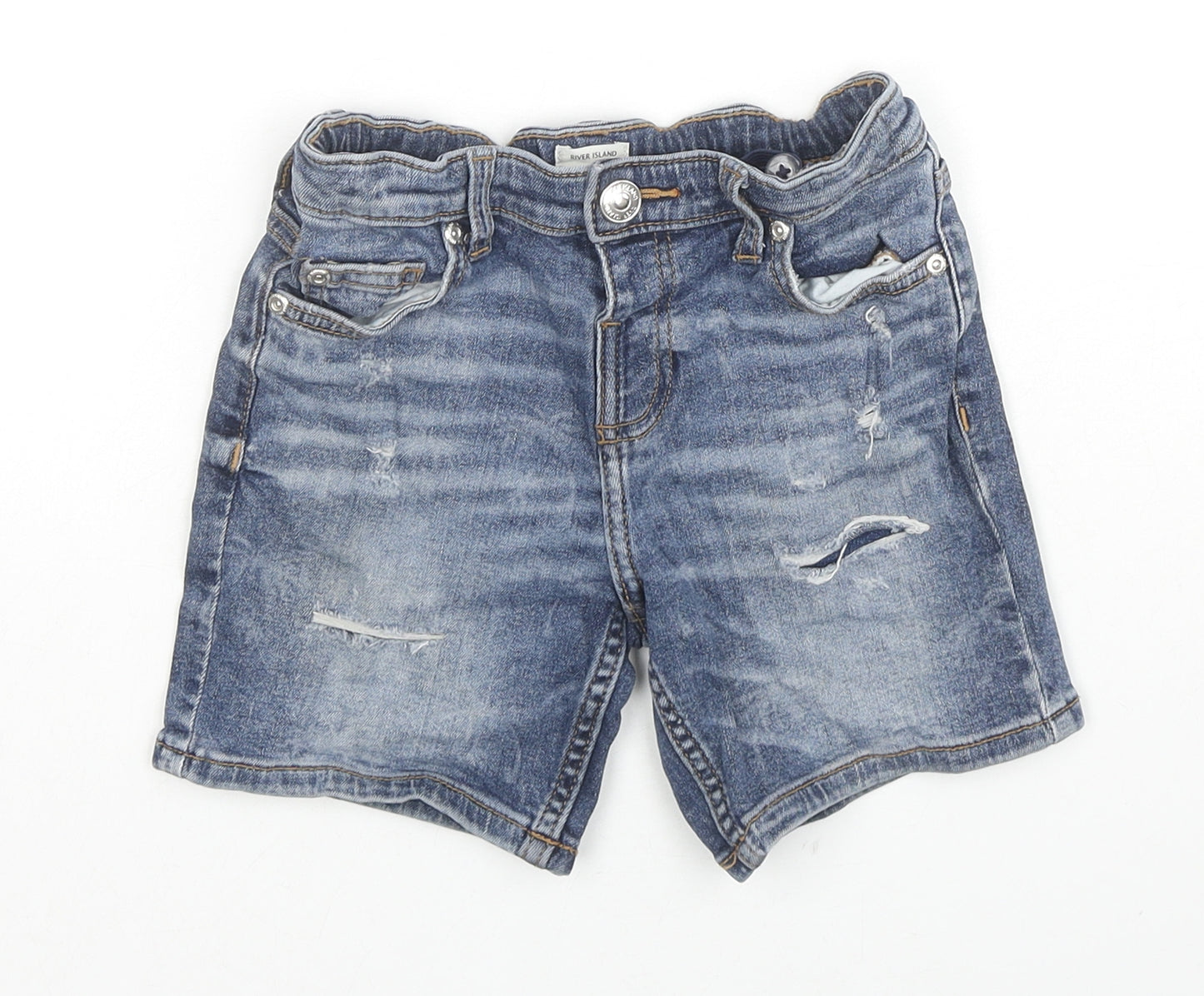 River Island Boys Blue Cotton Bermuda Shorts Size 4-5 Years Regular Snap - Distressed