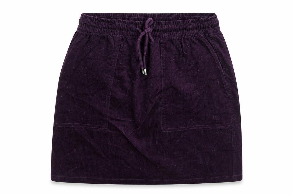 Front view of Beloved women’s purple cotton mini skirt, size S, drawstring