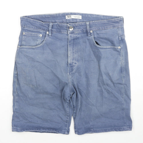 Zara Mens Blue Cotton Bermuda Shorts Size 36 in L8 in Regular Zip
