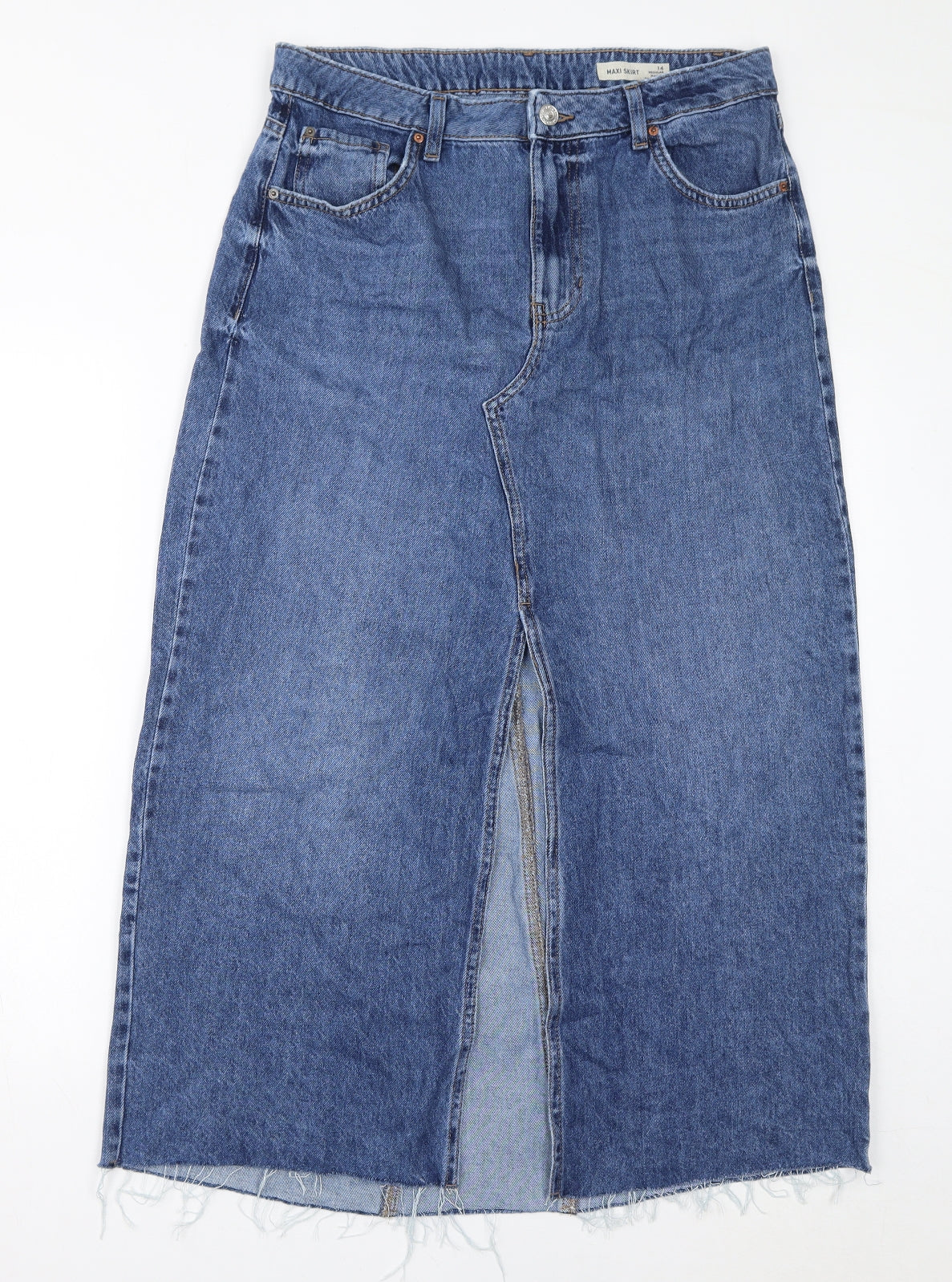 Marks and Spencer Womens Blue Cotton A-Line Skirt Size 14 Zip - Slit