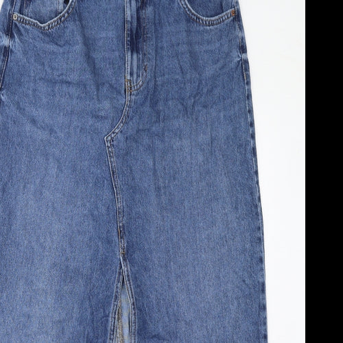 Marks and Spencer Womens Blue Cotton A-Line Skirt Size 14 Zip - Slit