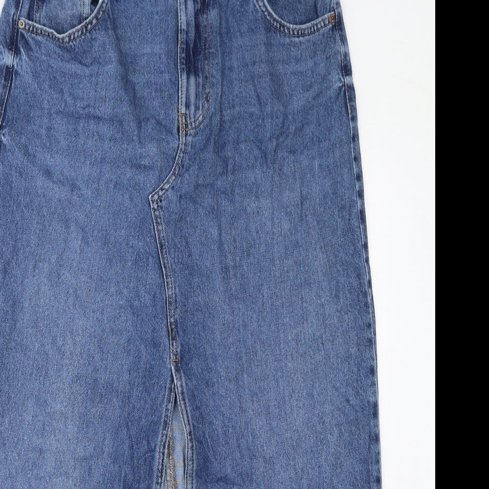 Marks and Spencer Womens Blue Cotton A-Line Skirt Size 14 Zip - Slit