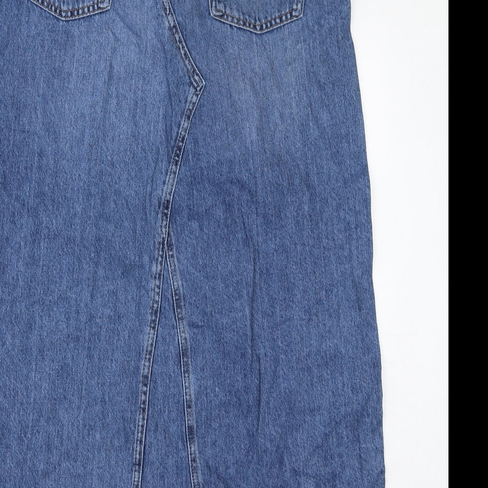 Marks and Spencer Womens Blue Cotton A-Line Skirt Size 14 Zip - Slit