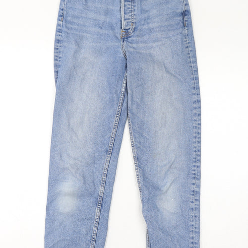 Divided by H&M Womens Blue Cotton Straight Jeans Size 8 L26 in Regular Button - Distressed Hem