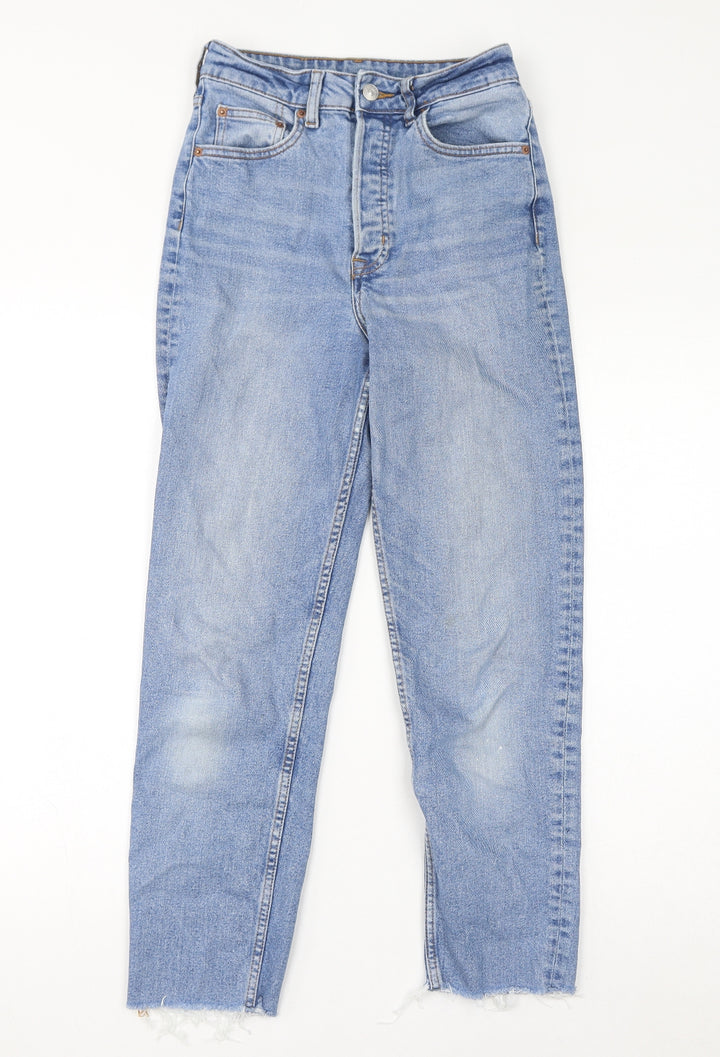 Divided by H&M Womens Blue Cotton Straight Jeans Size 8 L26 in Regular Button - Distressed Hem