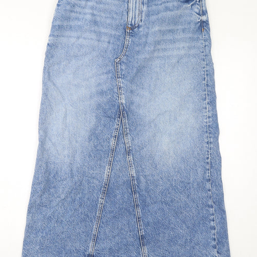 Marks and Spencer Womens Blue Cotton A-Line Skirt Size 10 Zip - Raw Hem Slit