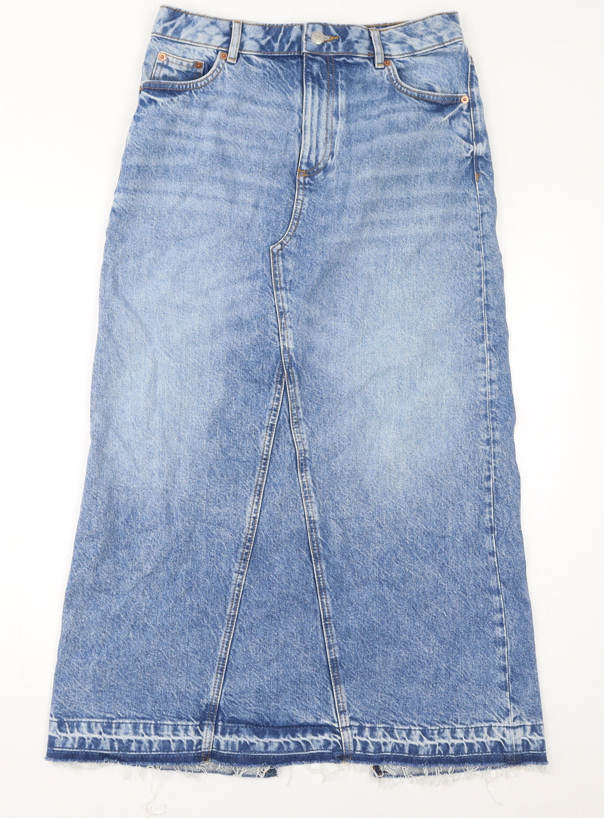 Marks and Spencer Womens Blue Cotton A-Line Skirt Size 10 Zip - Raw Hem Slit