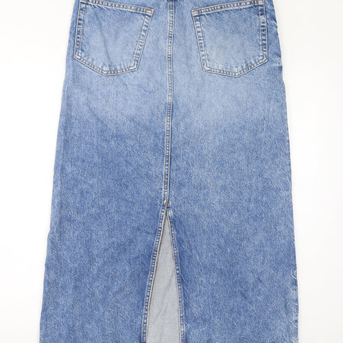 Marks and Spencer Womens Blue Cotton A-Line Skirt Size 10 Zip - Raw Hem Slit