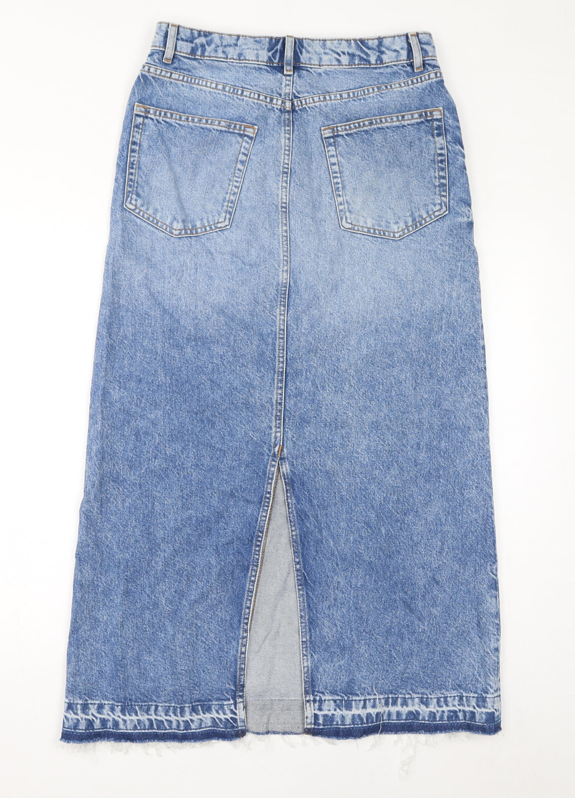 Marks and Spencer Womens Blue Cotton A-Line Skirt Size 10 Zip - Raw Hem Slit