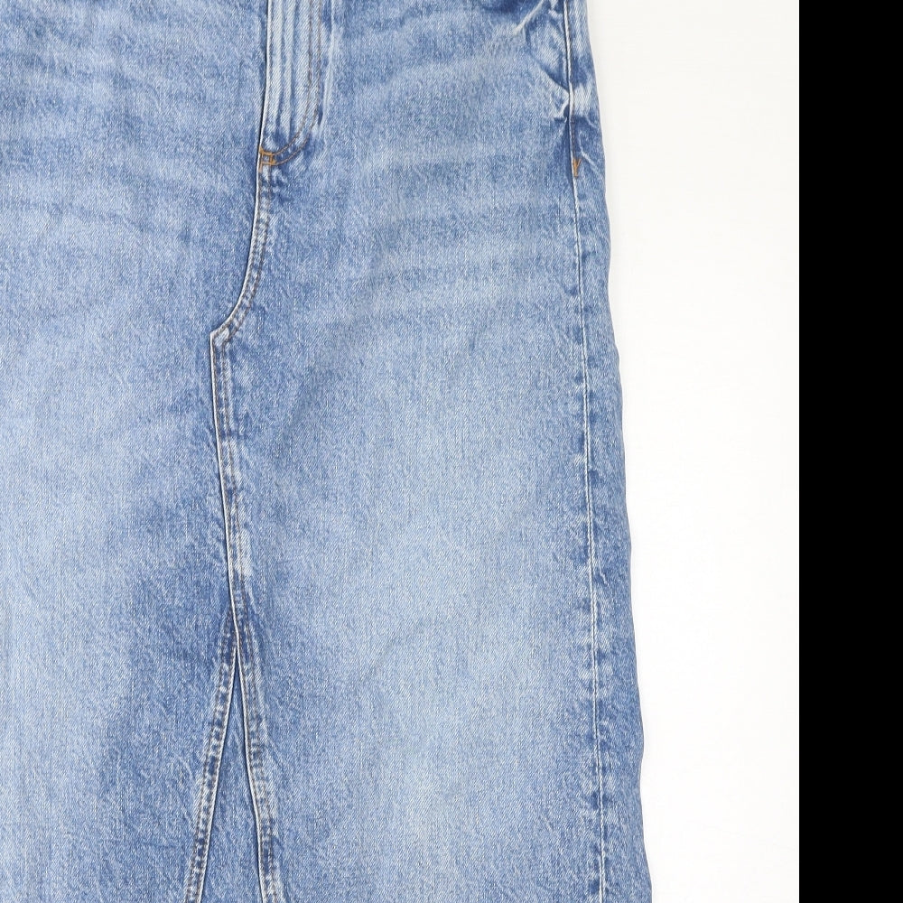 Marks and Spencer Womens Blue Cotton A-Line Skirt Size 10 Zip - Raw Hem Slit