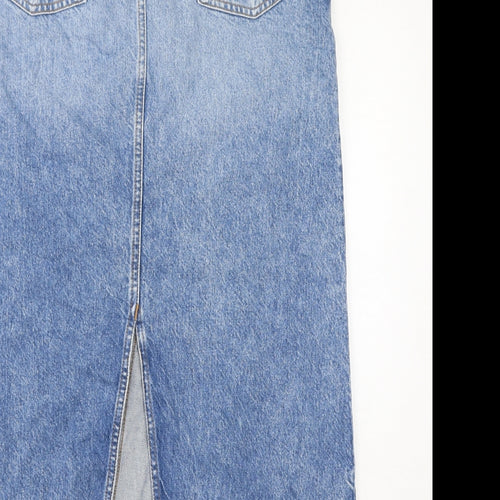 Marks and Spencer Womens Blue Cotton A-Line Skirt Size 10 Zip - Raw Hem Slit