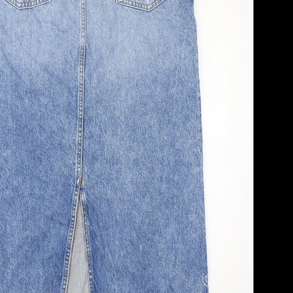 Marks and Spencer Womens Blue Cotton A-Line Skirt Size 10 Zip - Raw Hem Slit